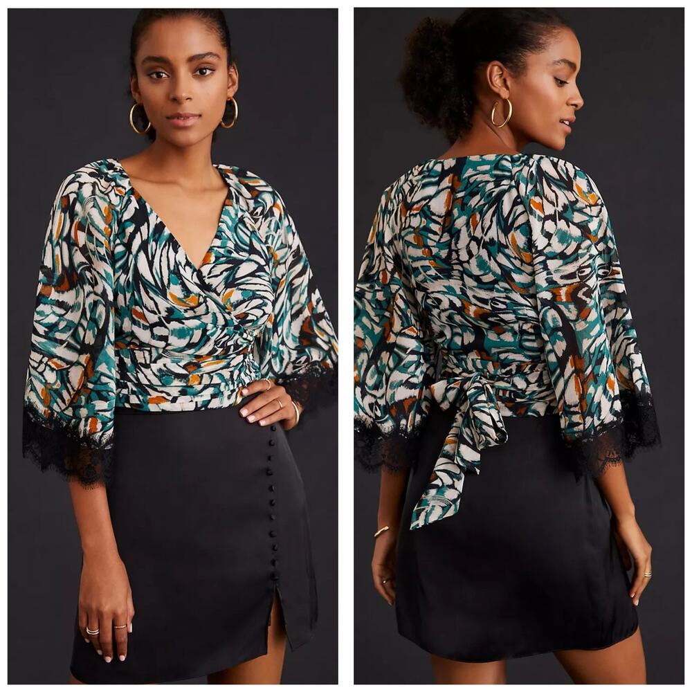 Anthropologie V-Neck Lace Trim Wrap Top Blouse Teal Black Print Size XS Bohemian